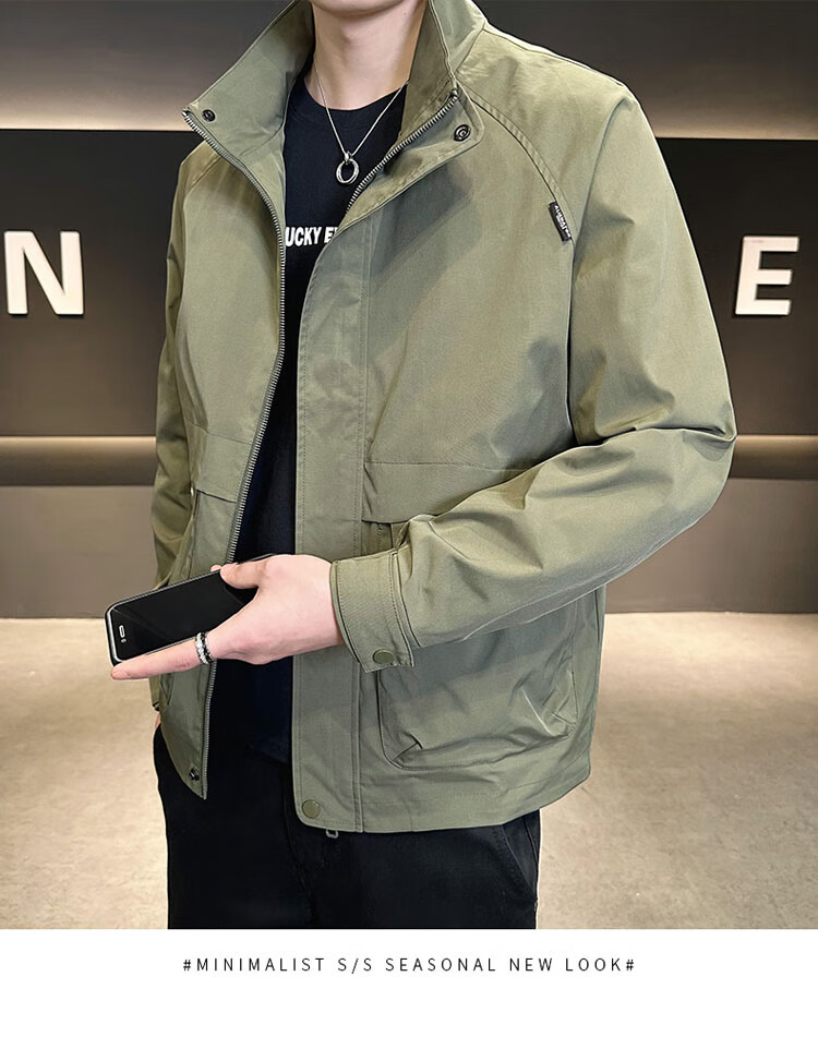 TUCANO Men's Spring Autumn Stand Collar Casual Workwear Korean Style Windproof Jacket Military Green L 8
