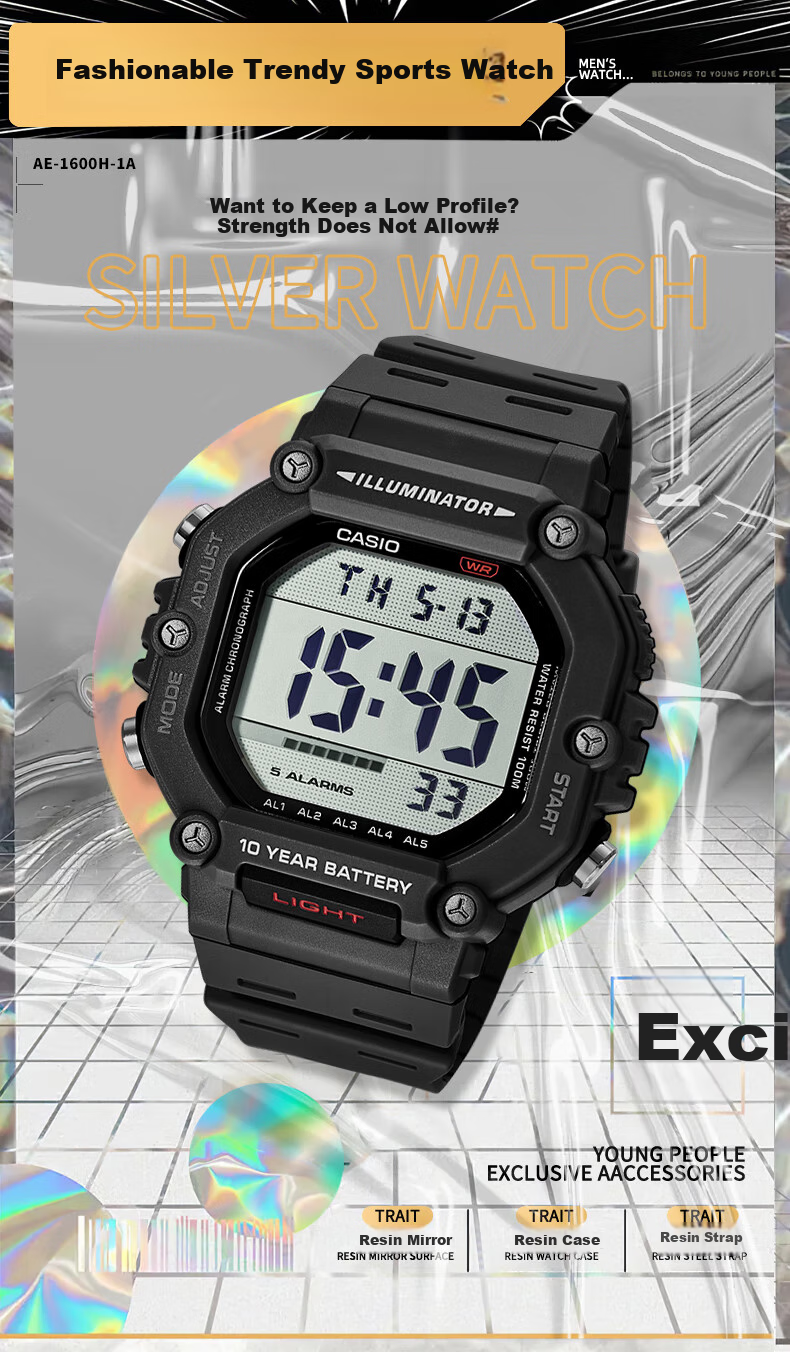 Casio Watch, Sports Square Dial, Retro Student Watch, WS-1400H 1