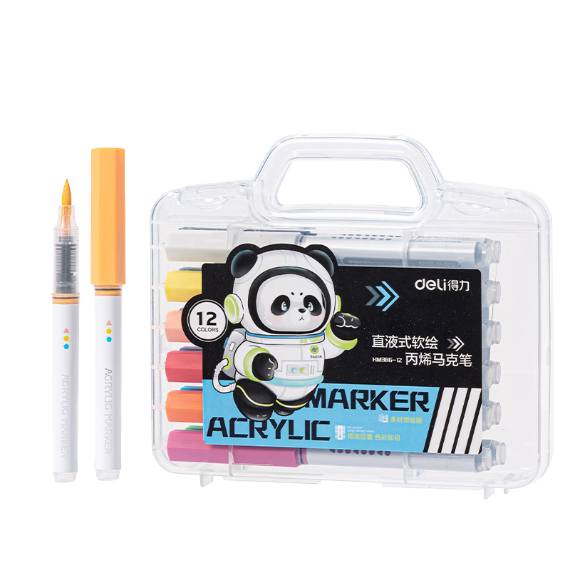 Deli 12-Color Panda Direct Liquid Soft-Tip Acrylic Markers, Round Barrel, Birthday Gift, Waterproof Hand-Drawn Fluorescent Highlighters, Graffiti Graduation Gift for Boys And Girls