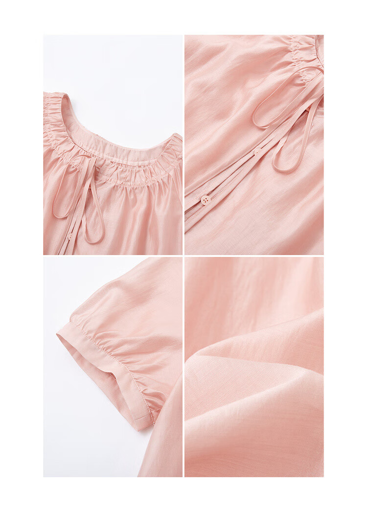 MT "Blazing Peach Blossom" Summer Sweet Style Tencel Polyester Wrinkled Round Neck Lightweight Shirt Women's Top 17