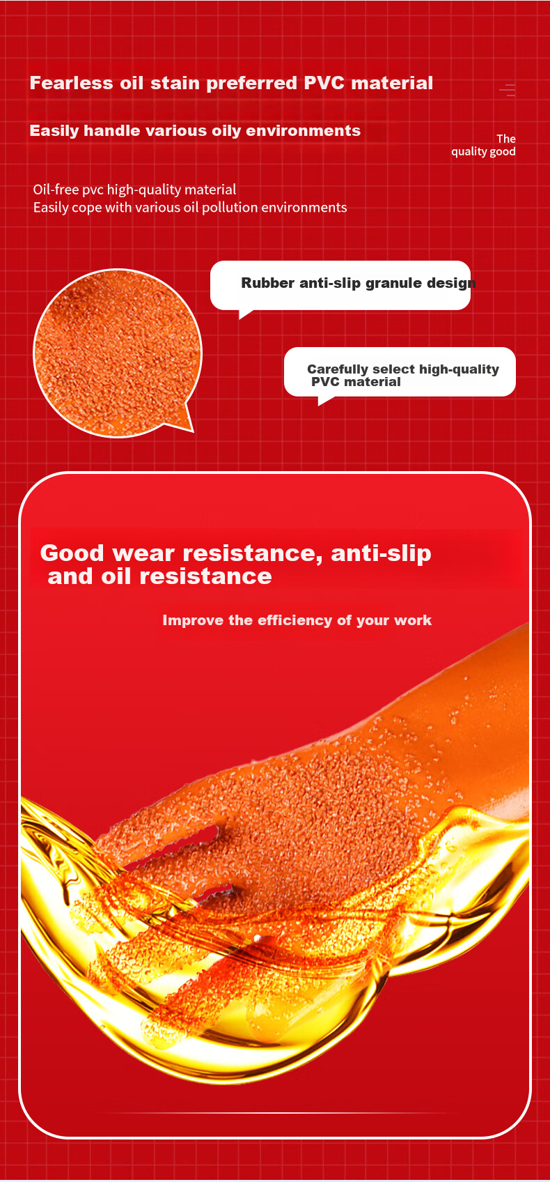 Caiyile Acid And Alkali Resistant Latex Work Gloves, PVC Non-Slip Oil-Resistant, 618 Granules, Anti-Slip, 5 Pairs, 02558 4