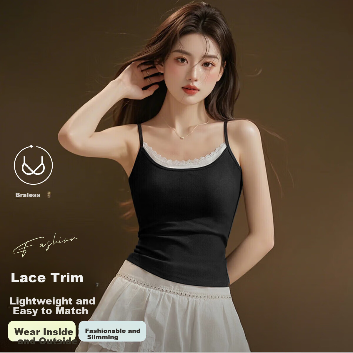 MiiOW Women's Camisole Tank Top for Summer, Sweet And Sexy Two-Piece Design, Black And White Inner Layer with Chest Pads, Conceals Side Boob, Can Be Worn As Outerwear Or Undershirt