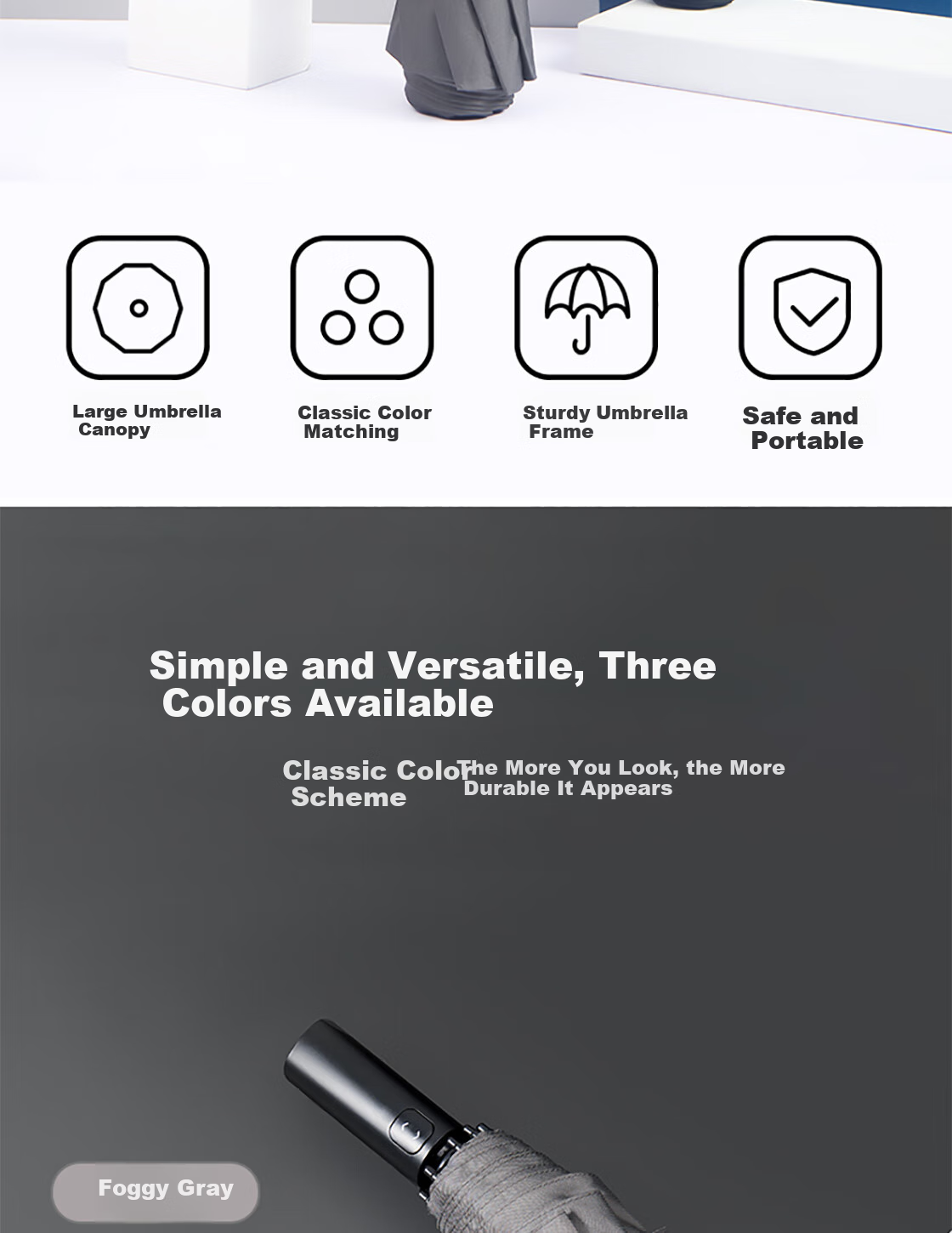 MINISO Automatic Umbrella Classic Solid Color Three-Fold Umbrella Rain Umbrella Rain Gear Dual-Use Sun Protection Umbrella Navy Blue 1
