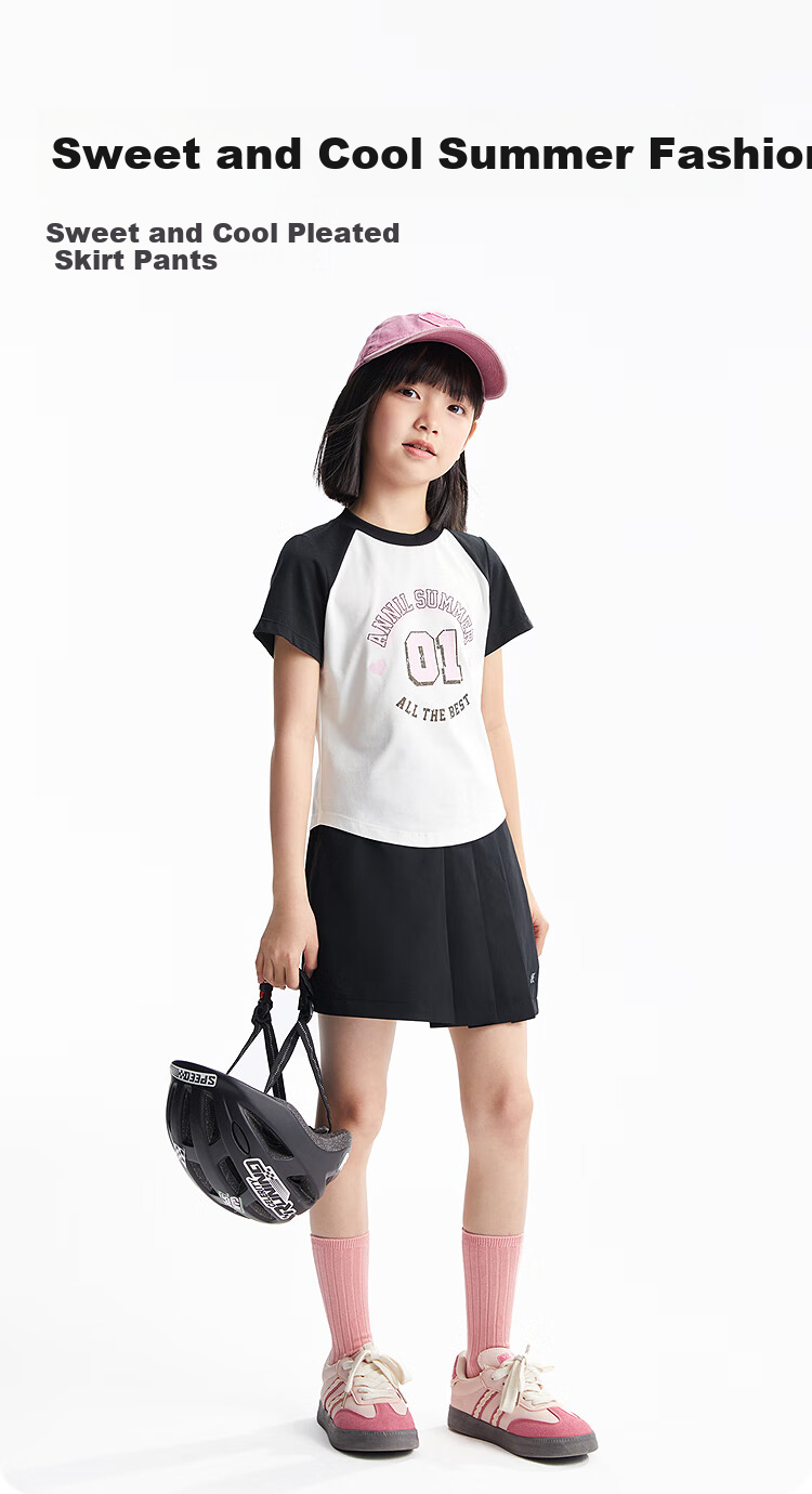 Annil Girls' Pleated Skort, Summer 2025 New Style, Casual Sweet Fashionable Black Short Skort 1