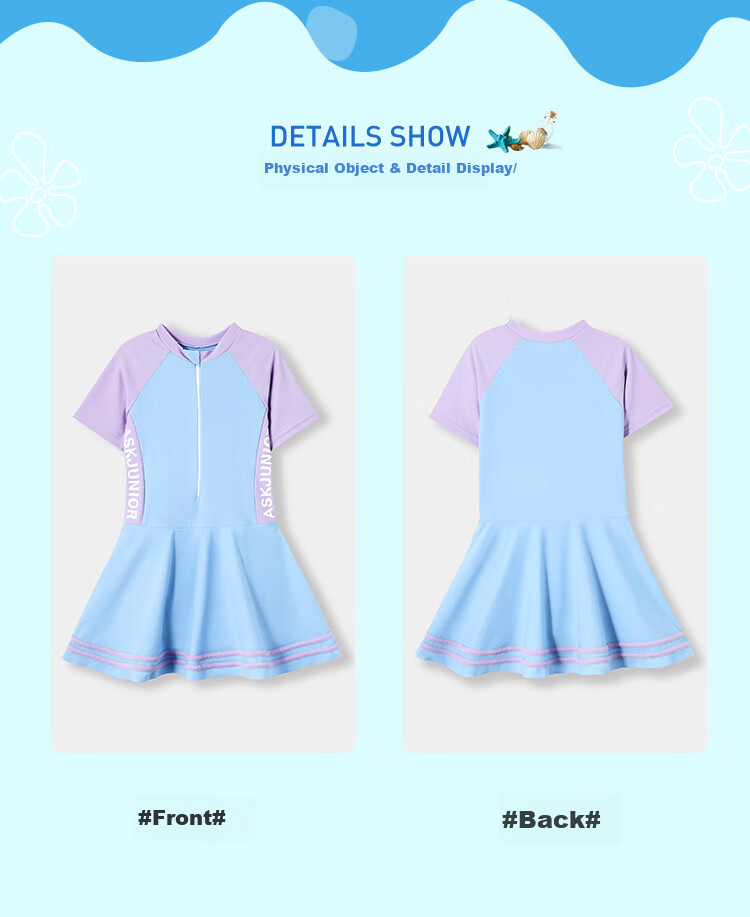ASK JUNIOR [Hot Spring Bathing Suit] [With Swim Cap], Girls' Swimsuit, Summer Cool Children's Casual One-Piece Swim Skirt, Blue And Purple 8