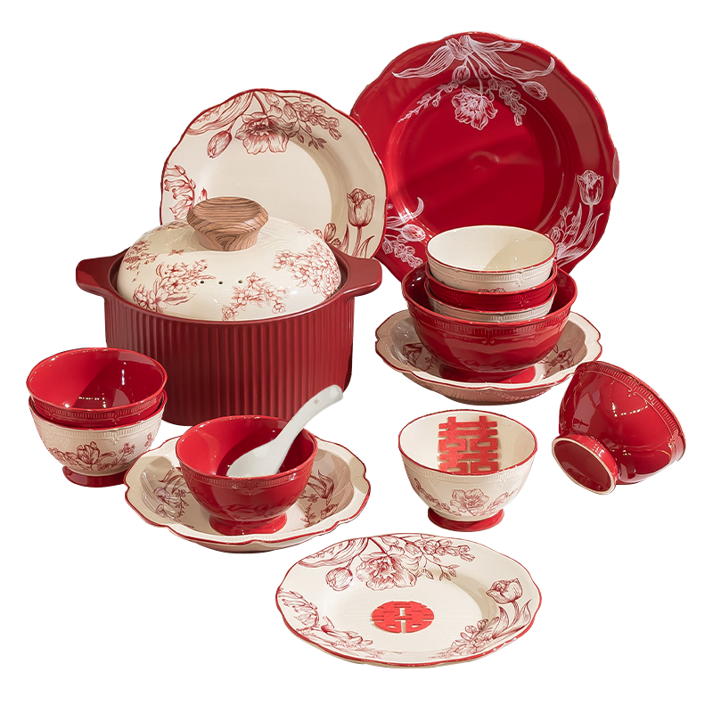 Chudi Complete Ceramic Dinnerware Set 18-Piece Bowls, Plates for Home, Wedding Gift - Liuhua Feiyan Gift Box