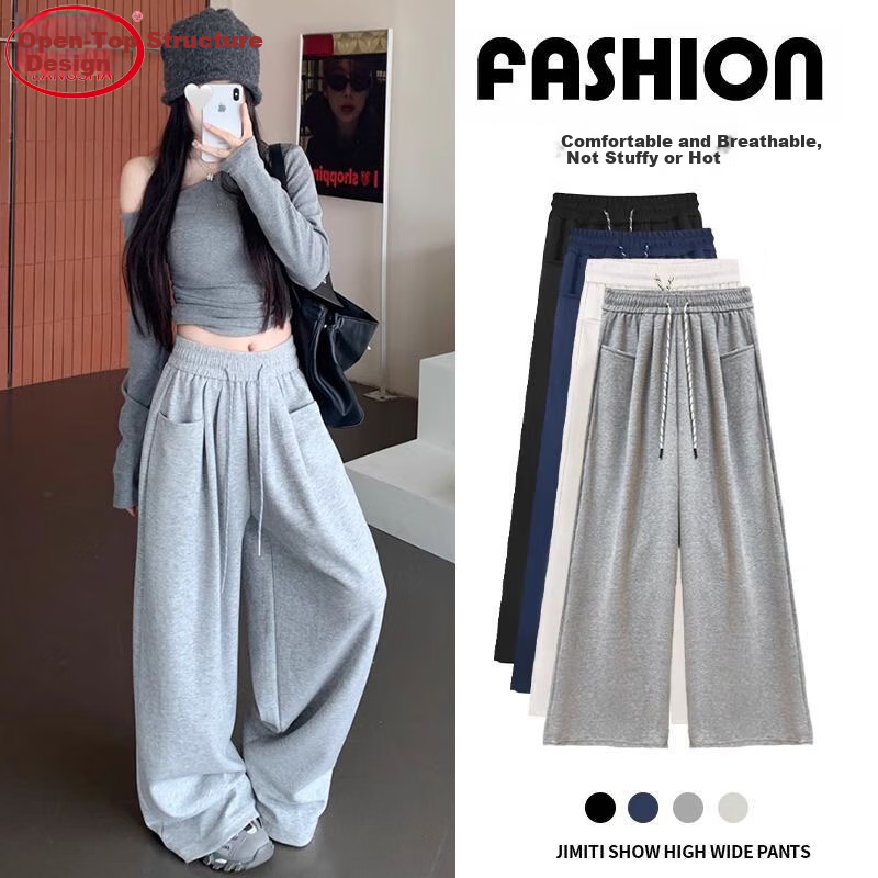 LangSha Vertical Pocket Sweatpants for Women, New Spring And Autumn 2026 Style, Slim-Fit American-Style High-Waist Loose Casual Wide-Leg Joggers