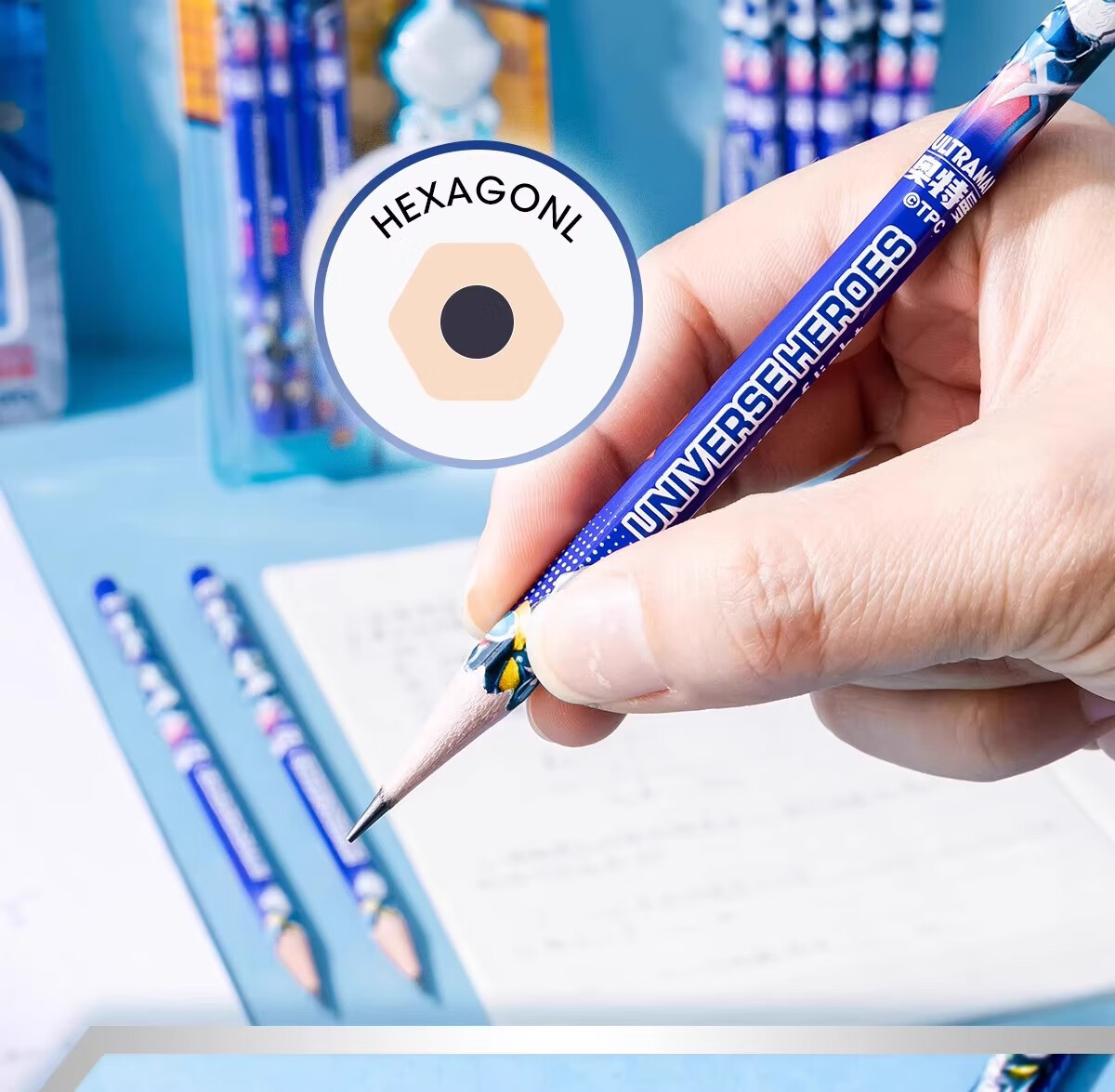 IiGEN Ultraman HB Pencil Set Learning Stationery Ultraman Pencil Eraser Grade 1-2 Boys Gift Hole Pencil AB Two Colors Random Single Pack 7557 8