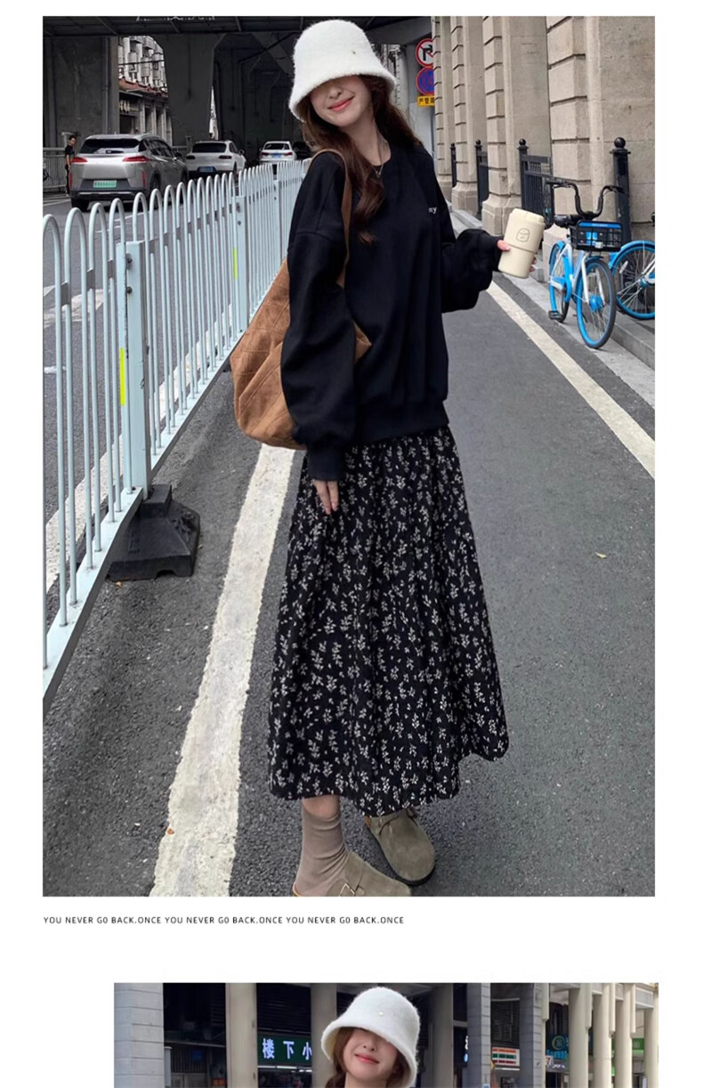 LangSha French Style Black Floral Print High-Waist A-Line Midi Skirt for Women Autumn 2025 New Slimming Hip-Covering Versatile Skirt 4