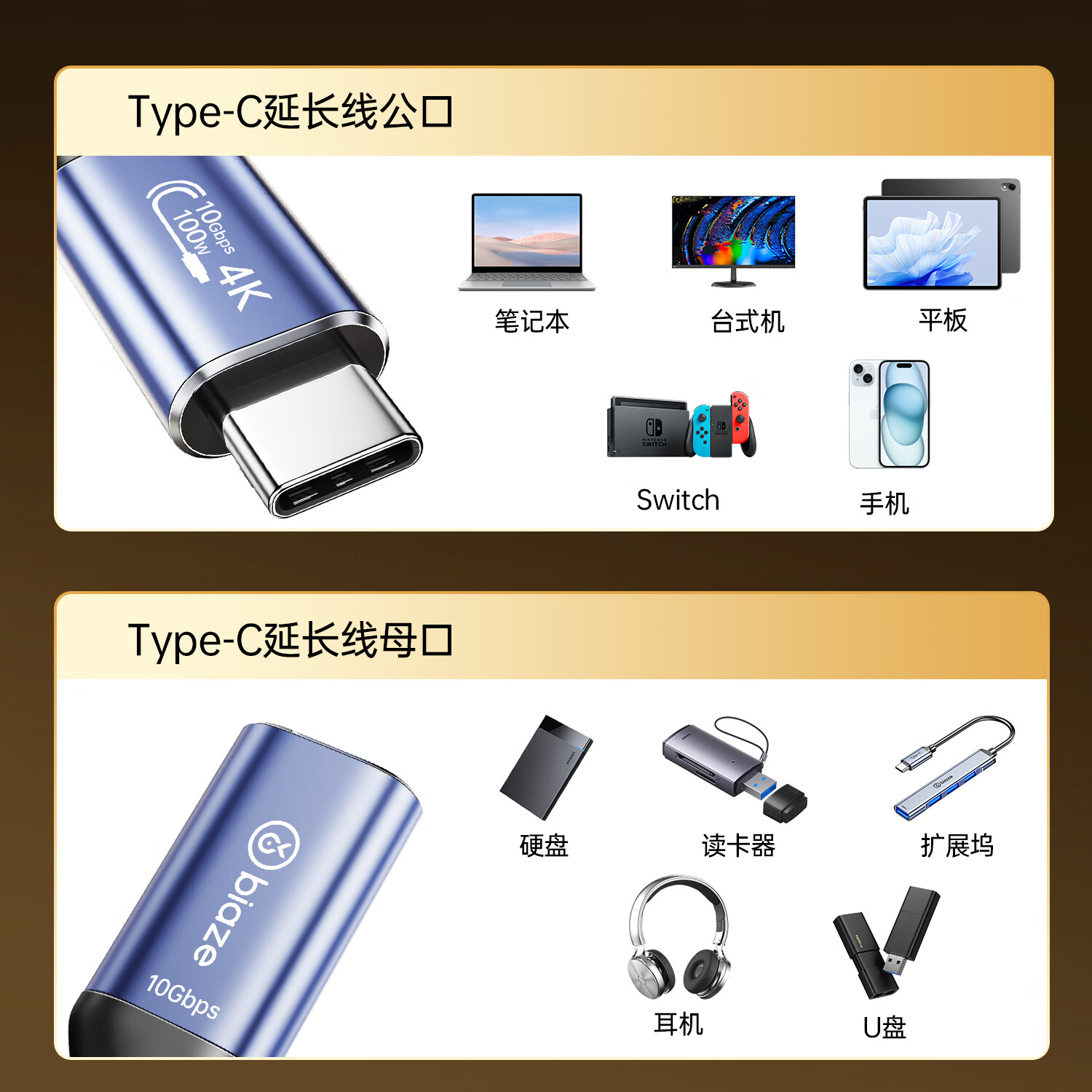 Кабель-удлинитель BIAZE USB Type-C Male to Female, 2 метра, 4K, PD 100W, черный