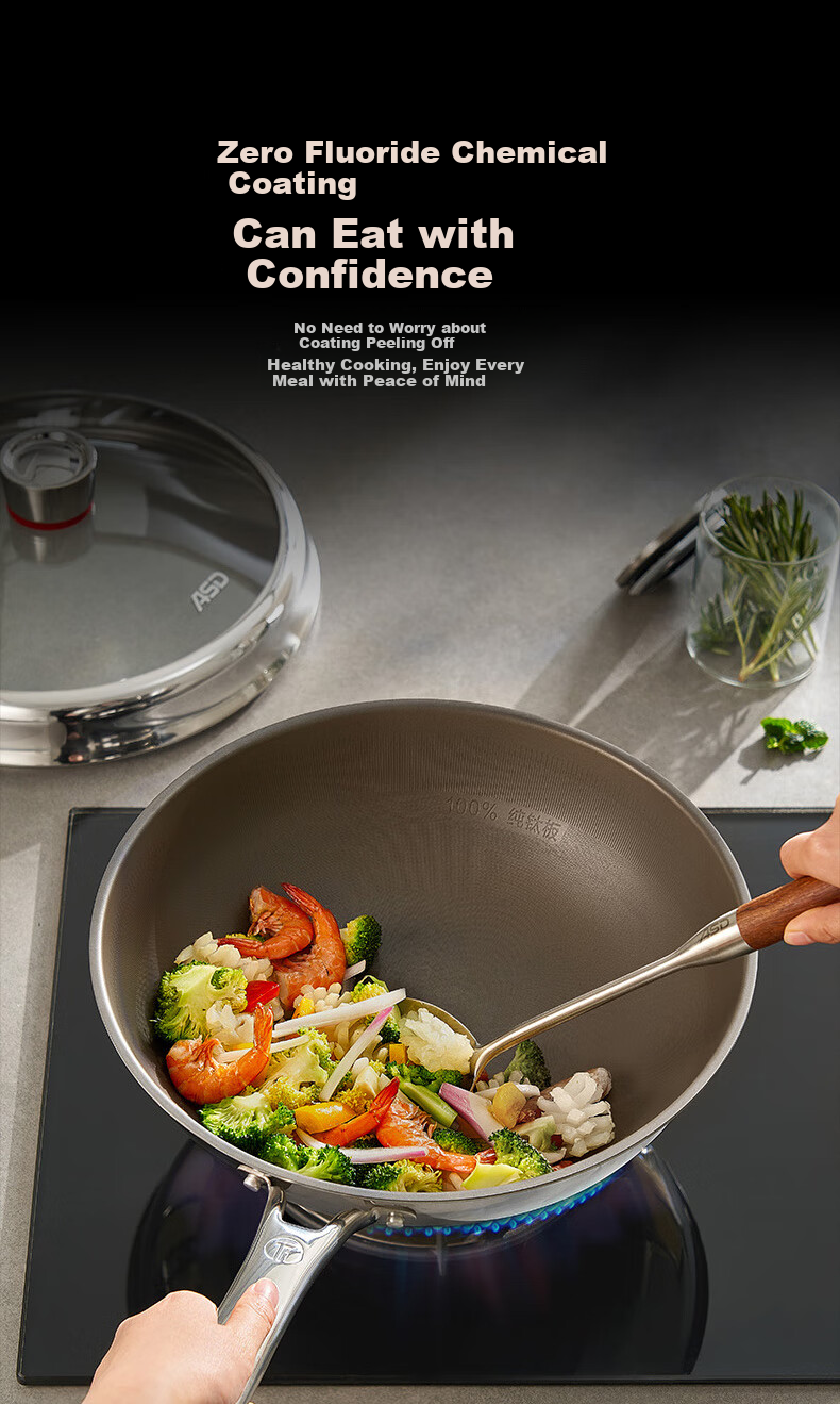 ASD Non-Stick Wok with Pure Titanium Coating, Stainless Steel Home Use Titanium Pan, Non-Stick Compatible with Gas And Induction Cooktops, 32cm Z1 7