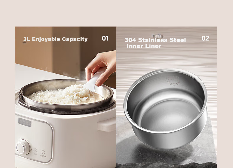 OIDIRE (Oudian) Micro-Pressure Rice Cooker, High-Pressure Electric Pressure Cooker, Dual Intelligent Modes for High And Low Pressure, Stainless Steel 3L | Non-Coated (Stainless Steel Inner Pot) · Cloud Soft White 5