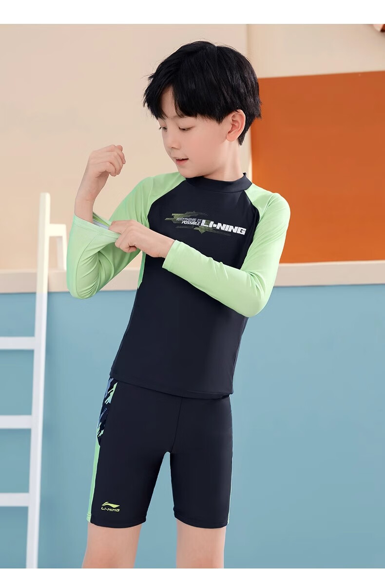 LI-NING Kids Boys Two-Piece Swimsuit Boys New Long Sleeve Swimwear for 6-12 Years Old Youth Hot Spring Bathing Suit 2