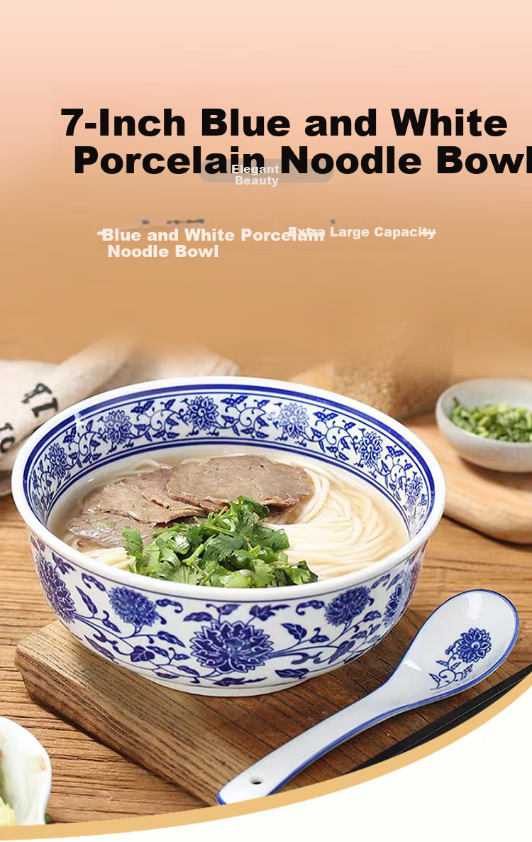 Chuanqi Blue And White Porcelain Noodle Bowl, 7-Inch Underglaze Ceramic Soup Bowl, Wide-Mouth Large Bowl for Ramen And Noodles, Tableware 1