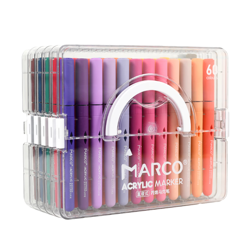 MARCO Liquid Acrylic Soft Tip Marker 60 Colors Children's Student Gift Box Set Stackable Watercolor Markers Paint Pens Kindergarten Art Sketching Travel Set