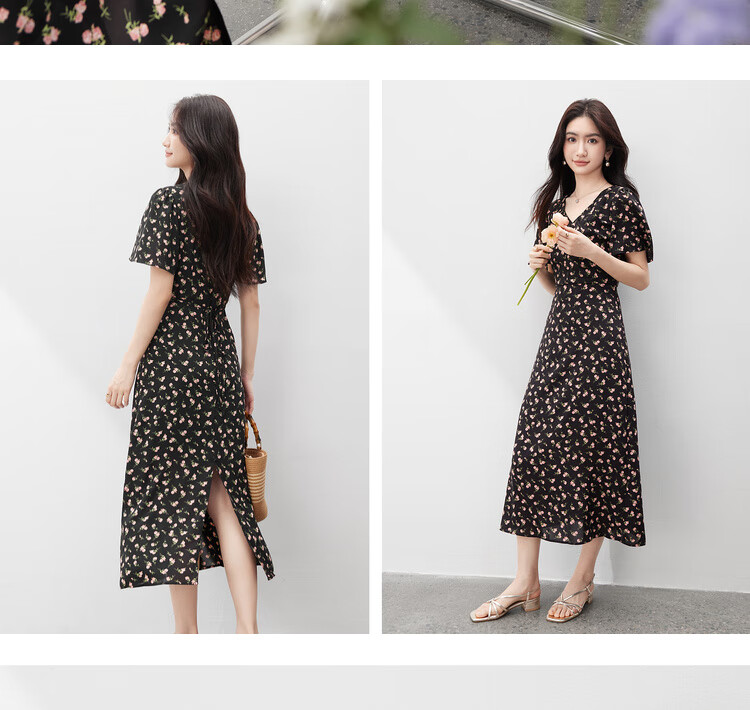 Sentubila V-Neck Trumpet Sleeve Floral Print Dress for Women, Summer Waist-Cinching Slimming A-Line Floral Dress, Romantic Mid-Length Dress with Rose Patter 13