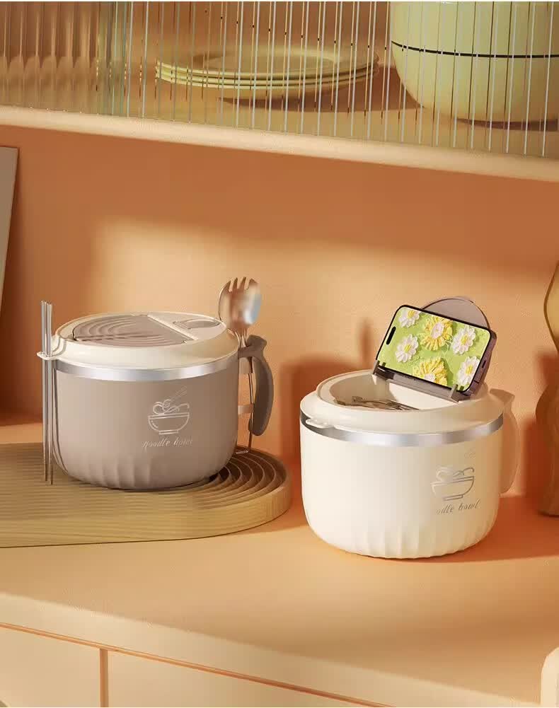 KATEI STORY Japanese 304 Stainless Steel Draining Instant Noodle Bowl Large Capacity Dormitory Student Covered Bowl with Handle Insulated Lunch Box 24