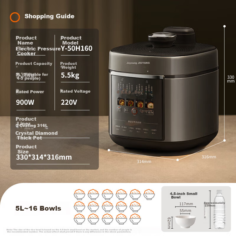 Joyoung Home 5L Electric Pressure Cooker with Dual Inner Pot, Non-Coated 316L Inner Pot, Programmable Timer Rice Cooker Y-50H160