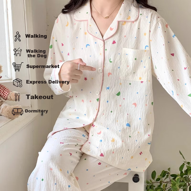 LangSha Women's Pajama Set, Spring And Autumn Cardigan Style, Korean Version Long Sleeve, Wearable Outside, Home Loungewear, Internet Celebrity Style, Sweet Outfit, New Product