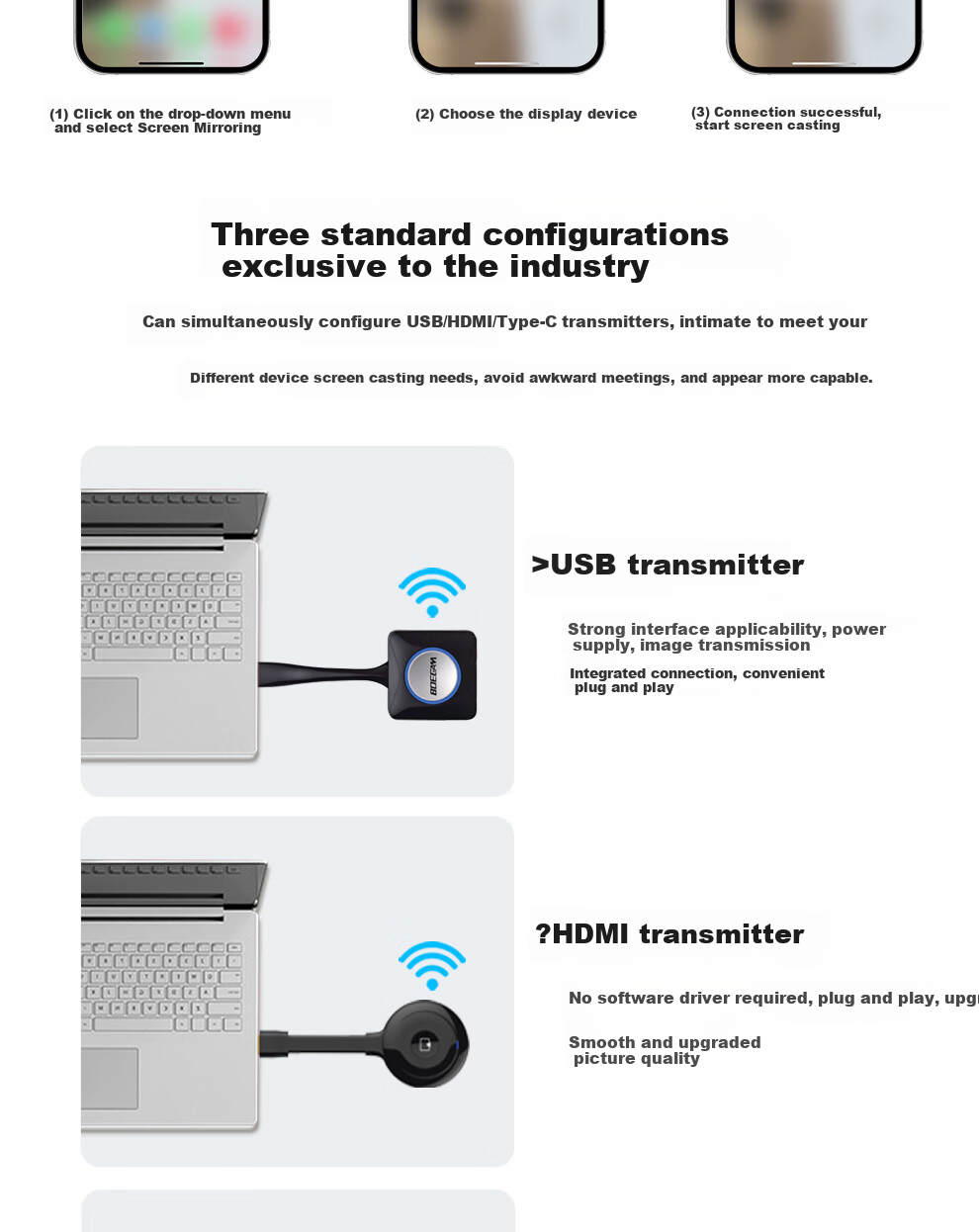 BOEGAM Enterprise Wireless Screen Mirroring HDMI Cable 4K HD Screen Sharing for Office Home Apple Android Huawei Phone to TV Projector VS200 Triple Pack 13