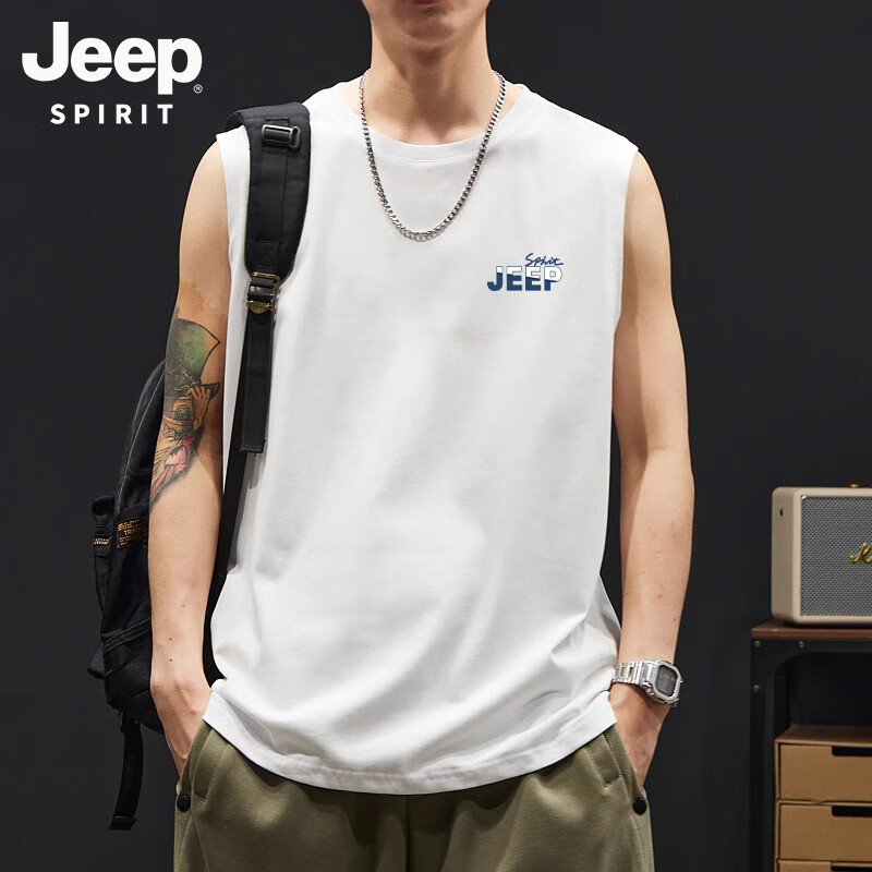 JEEP SPIRIT Men's Summer Cotton Tank Top, Loose-Fitting Breathable Simple Versatile Trendy Casual Sleeveless T-Shirt, White, Size L