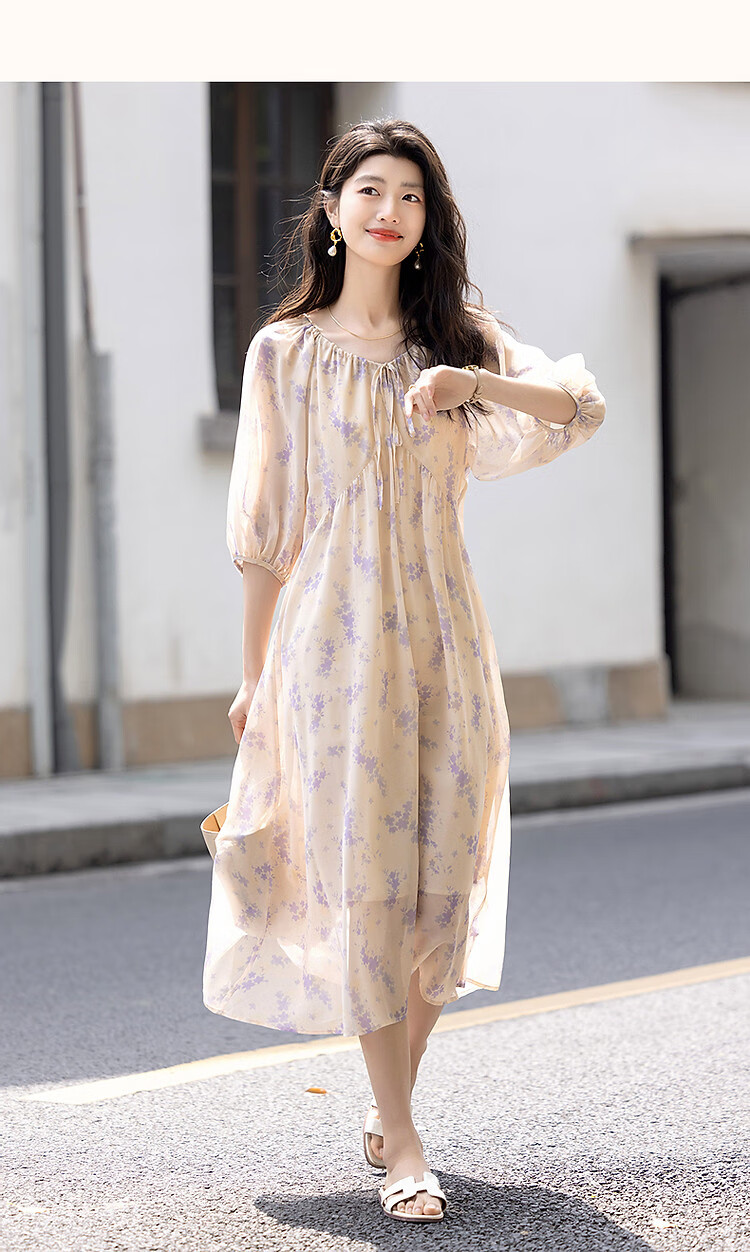 Demana "Human Elegance" Summer Lightweight 75D Chiffon Beaded Floral V-Neck Drawstring Puff Sleeve Women's Dress 10