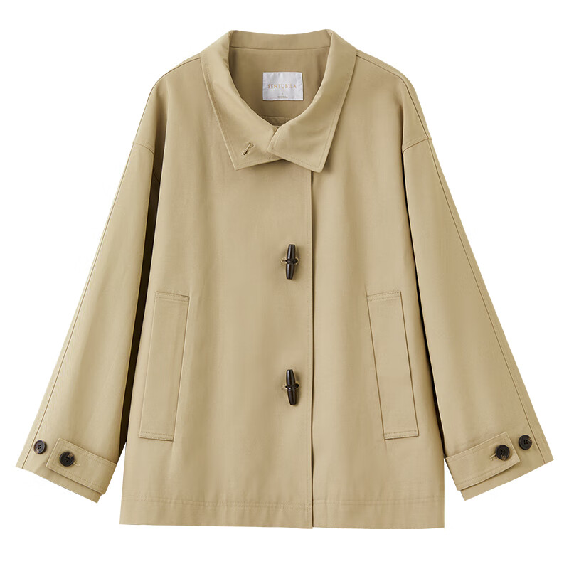 Sentubila British Style Cotton Blend Toggle Coat for Women Autumn Loose Slim Color Block Drop Shoulder Mid-Length Outerwear