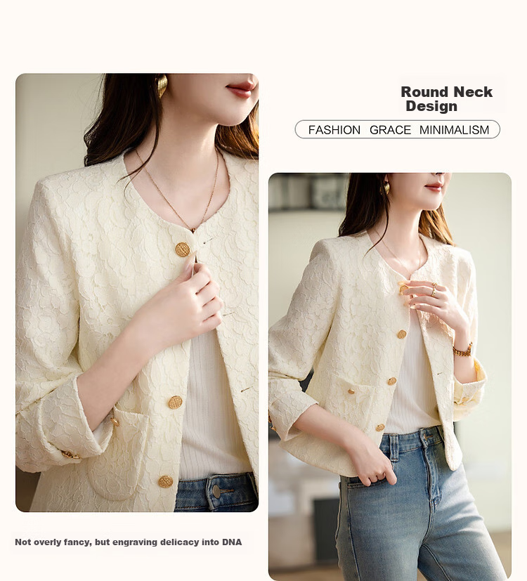 Dme [Sophisticated Fashionista Style] Spring Elegant Chanel-Inspired Lace Round Neck Waist-Cinching Metal Button Fashionable Short Jacket for Wome 5