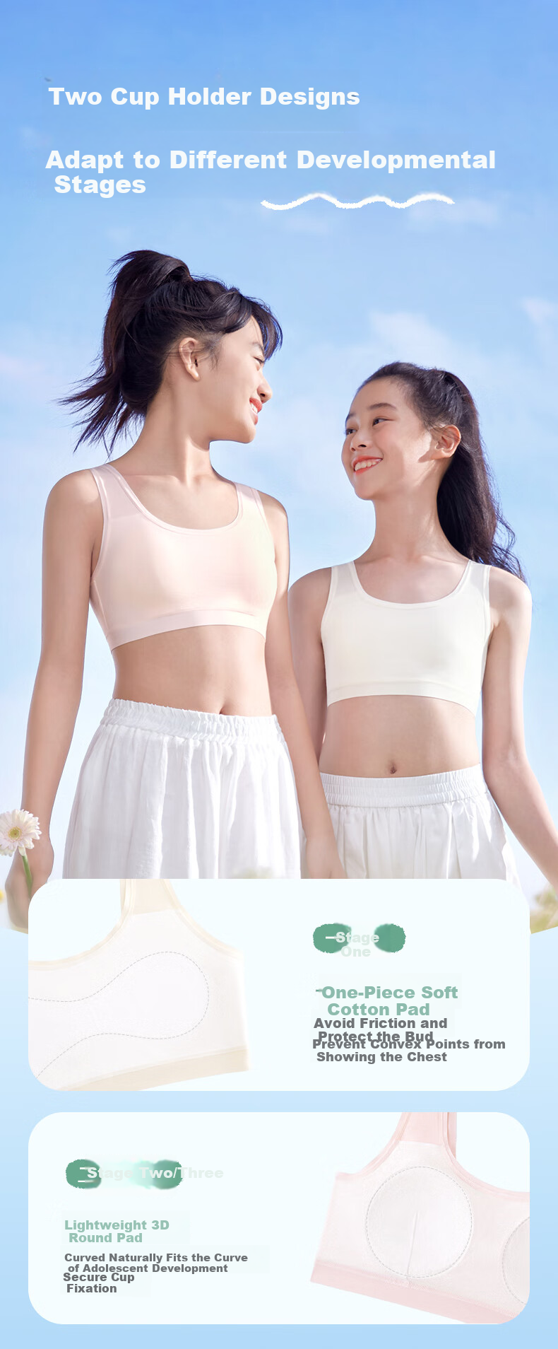 PurCotton [Xiao Qingfeng Yi Jia] Girls' Underwear Bra, Puberty Breathable Children's Underwear, for Ages 6-12, Early Development, Self-Operated 6