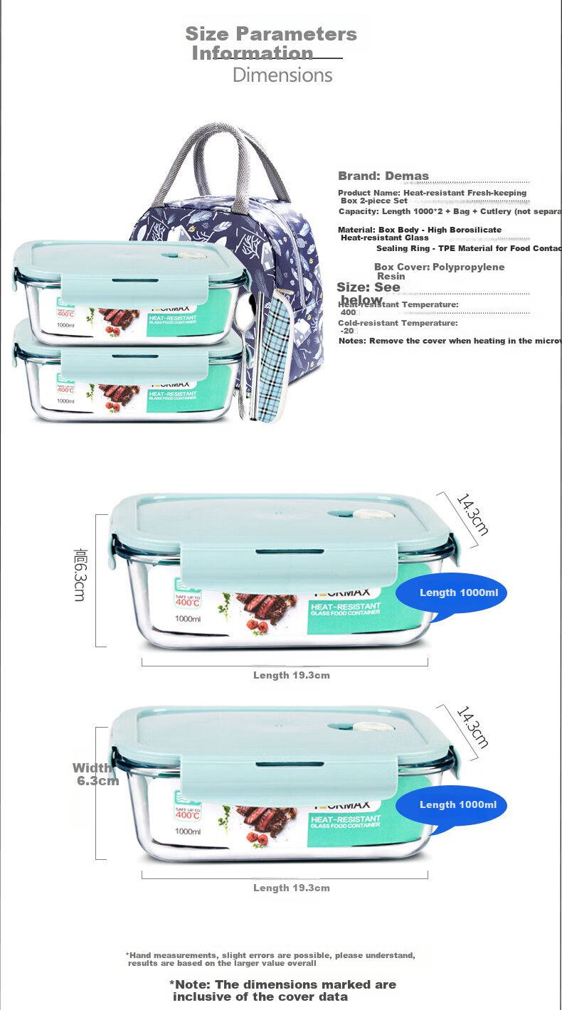 Demasi Heat-Resistant Glass Food Storage Container, Microwave-Safe Lunch Box for Office Workers, Blue Long 1000 + Divider 1000 + Bag + Tableware 8