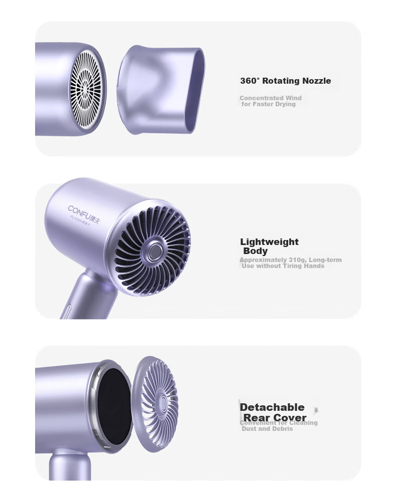 CONFU 100 Million Plasma Hair Dryer 1600W High-Power Quick-Drying Hair Protection No Damage to Hair Mite Removal Antibacterial for Men And Women Home Use Negative Ion Hair Dryer KF-3158 Purple Holiday Gift 11