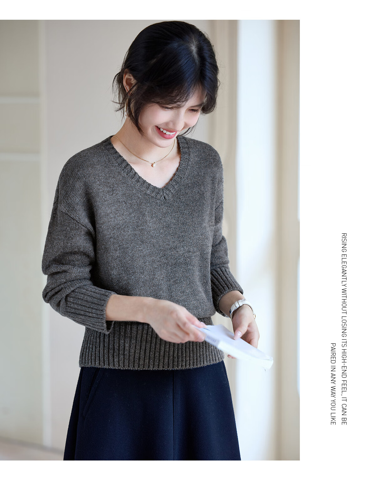 She Enjoy Lazy Style Knitwear Women's Gray V-Neck Sweater Knit Top Base Shirt T53Z093 4