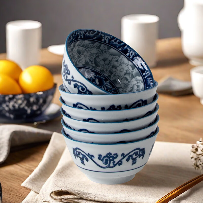 Huaqingge Household Bowl And Plate Dinnerware, Tang-Style Blue And White Porcelain, 4.5-Inch Rice Bowls, Set of 6, Heat-Resistant, Anti-Scalding, Underglaze Color, Microwave Safe