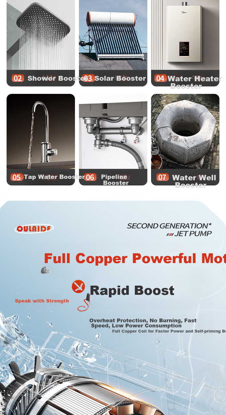 Oulaide Booster Pump, Household Fully Automatic Pressure Booster, Water Heater, Home Shower, Tap Water, Self-Priming, Non-Mute Booster Pump 7