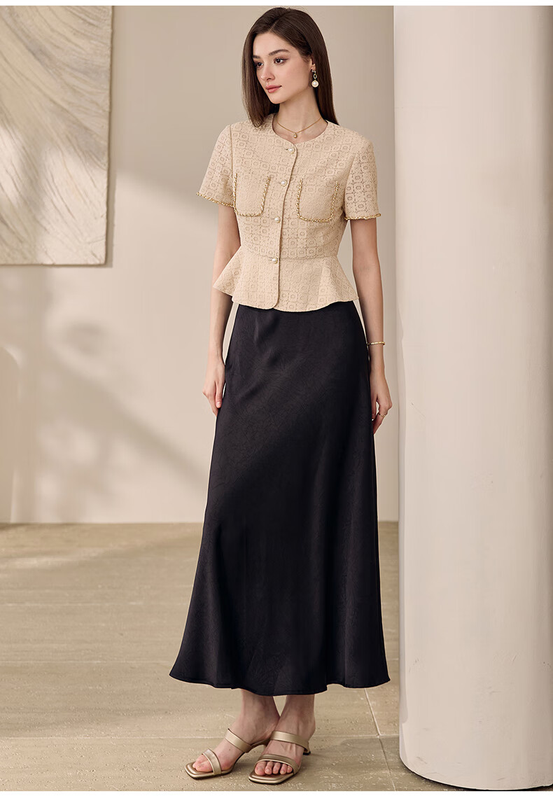 ROEYSHOUSE Lace Waist-Cinching Short Jacket for Women Summer Elegant Slim Ruffle Hem Top 11908 Apricot M 3
