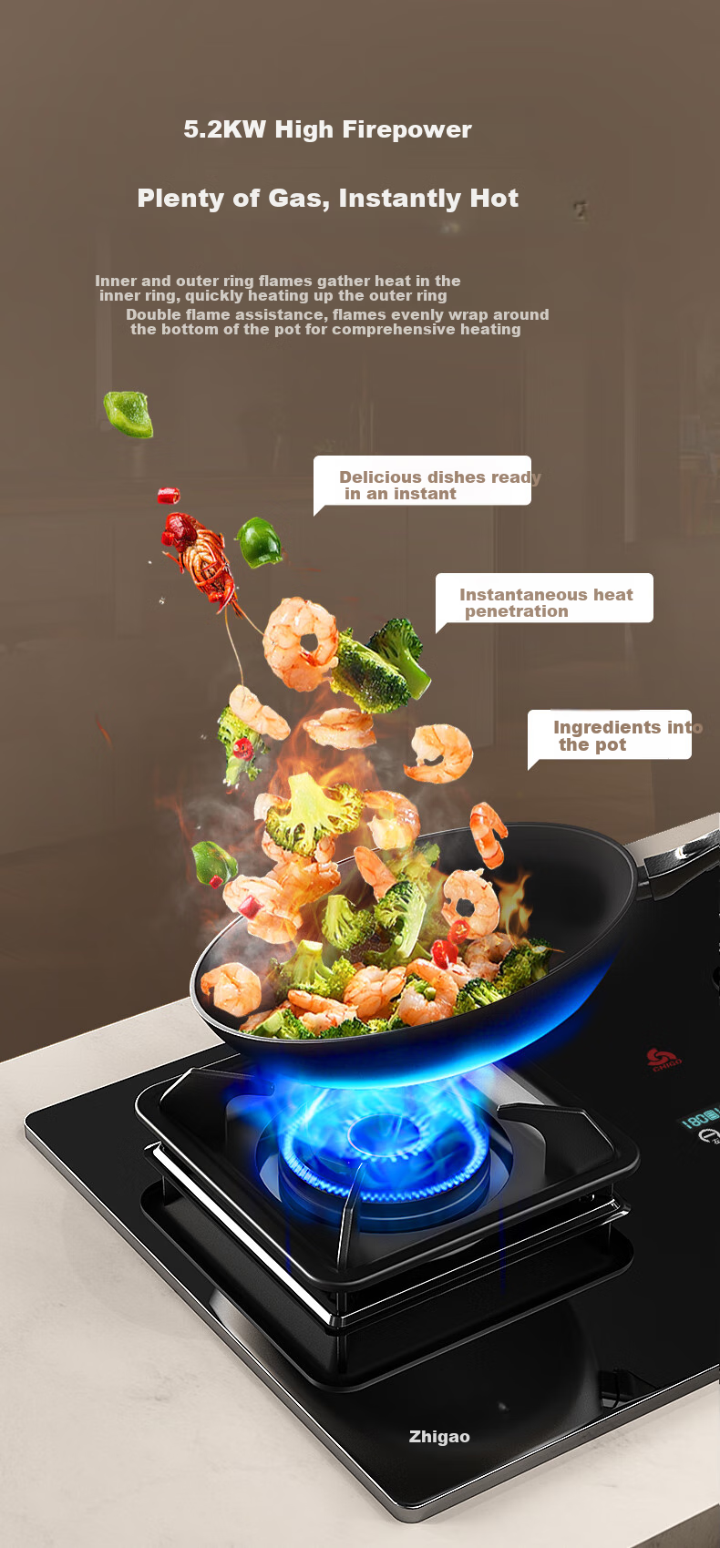 CHIGO Gas Stove with 15% Government Subsidy, Natural Gas Double Burner, 5.2kW High Flame Built-in Desktop Glass Panel Cooktop JZT-KN108 3