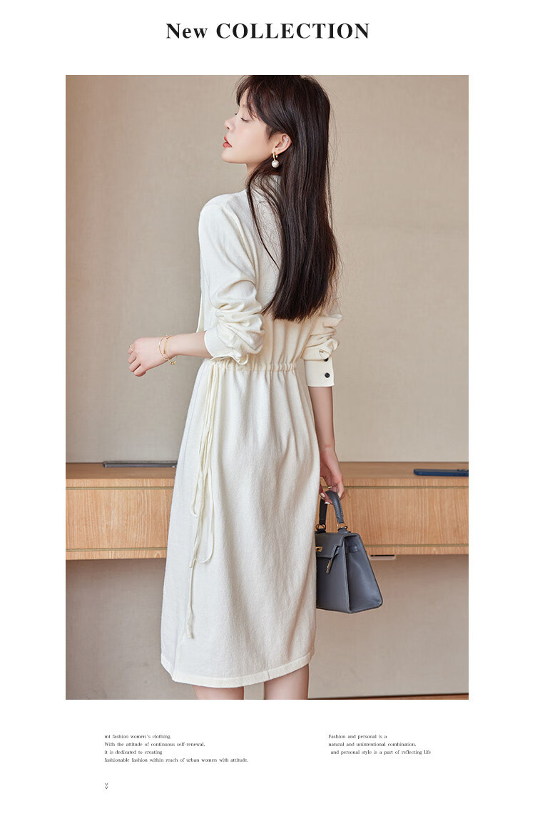 Mt [Pure White Jasmine] Spring And Autumn, Puff Sleeve Waist-Cinching Design, Gentle Office New Chinese-Style Knitted Dress 3