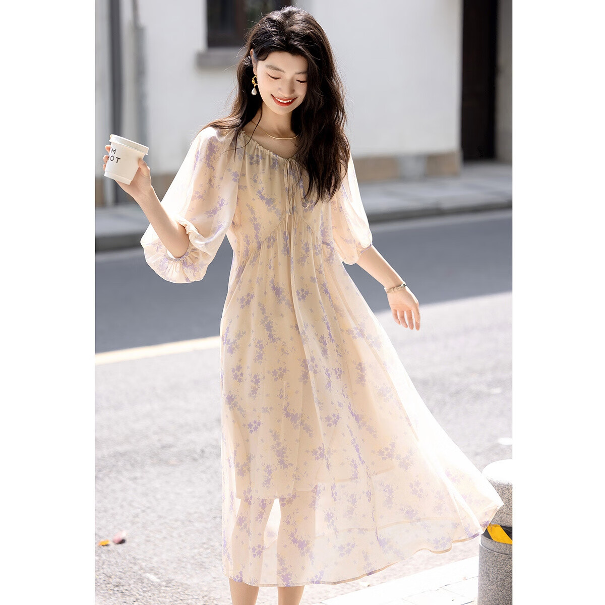 Demana "Human Elegance" Summer Lightweight 75D Chiffon Beaded Floral V-Neck Drawstring Puff Sleeve Women's Dress