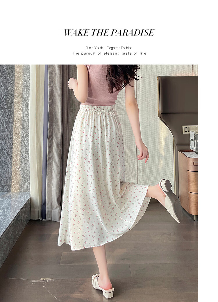 Awakening Paradise 2026 Summer New Slimming A-Line Mid-Length Skirt White Base Black Floral One Size 33