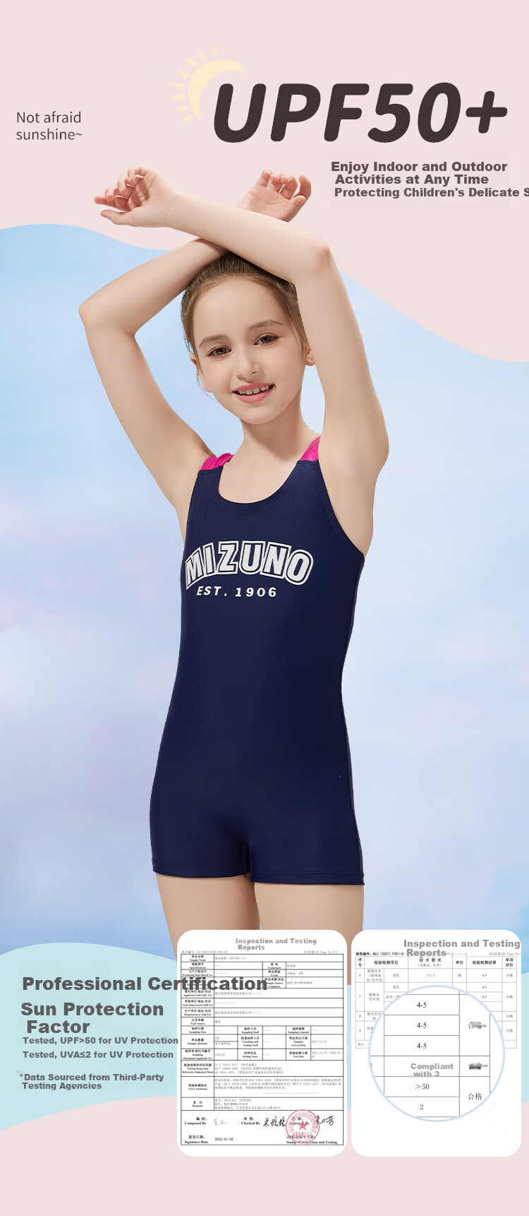 MIZUNO Children's Swimsuit, One-Piece Square Leg, Professional Training, Beginner Swimwear, Soft And Form-Fitting, Swimming Equipment, AB401 Blue, Size 150 3