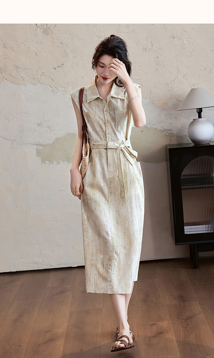Dme [Zhi Gan Gongzhuang] Summer Faux Bamboo Joint Linen Two-Tone Gradient Lapel Straight-Fit Slimming Women's Dress 8