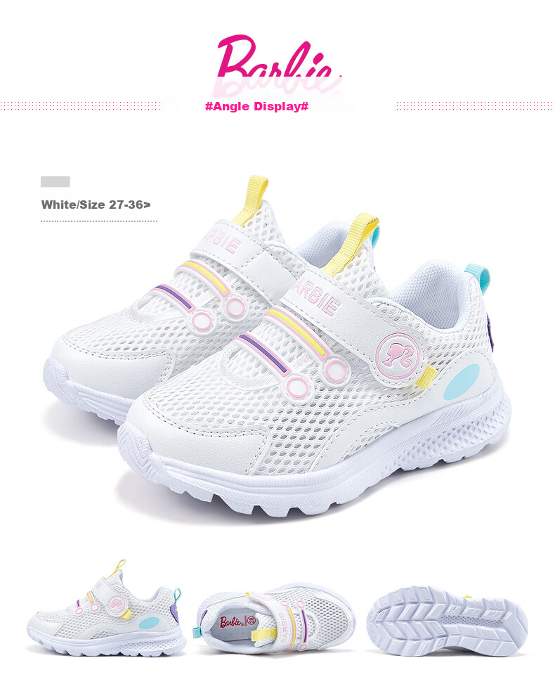Barbie Children's Shoes, Summer Kids' Sneakers, Girls' Mesh Shoes, Breathable White Shoes DA6301, White, Size 36 13