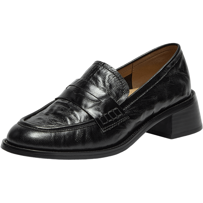Bata Women's Loafers 2025 Autumn Sheepskin British Style Slip-On Shoes 63051CA5 Black Size 36