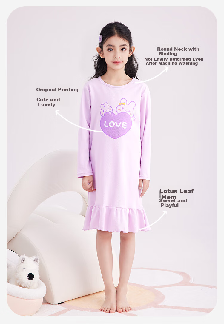 DEESHA [60S High-Count High-Density Cotton] Girls' Antibacterial Lightweight Nightgown, Summer Cotton Long-Sleeve Home Dress 1