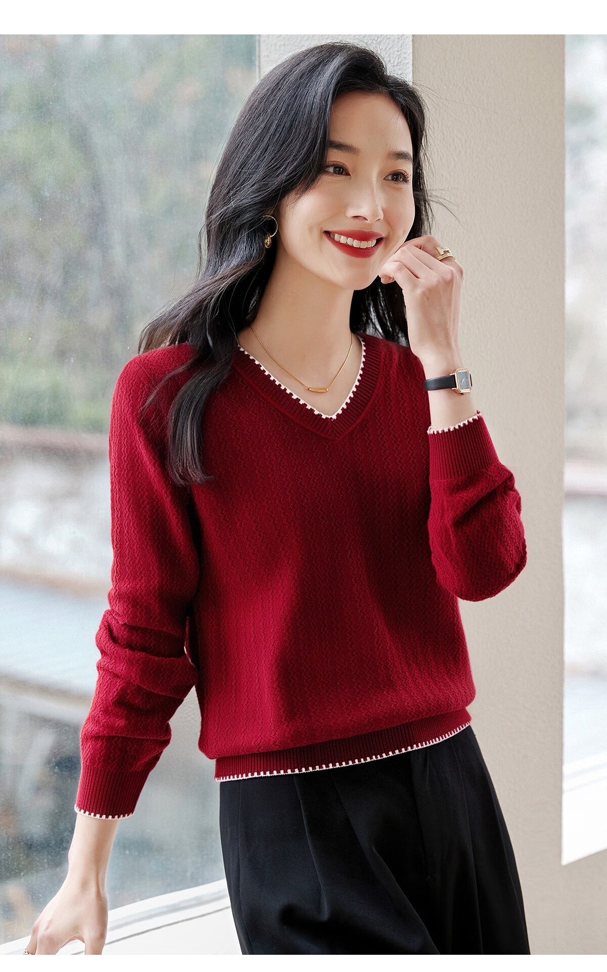 Chushen Women's Spring and Autumn Knitwear Fashionable Elegant V-Neck Color-Block Collar Long Sleeve Base Shirt S141Z3649 22