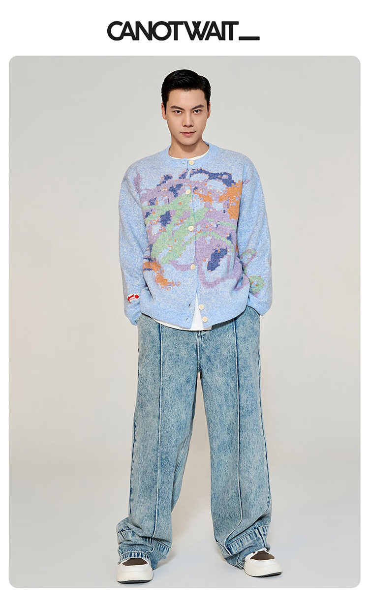 CANOTWAIT Crayon Pattern Jacquard Early Spring Sweater Cardigan Unisex Autumn Winter New Trendy Jacket Purple XXS 1
