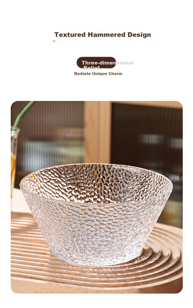 CRISTALGLASS Glass Salad Bowl, Hammered Texture Transparent Glass Bowl, Cold Dish Vegetable Fruit Plate, Dessert Bowl, Tableware, Large Size 1600ml 2