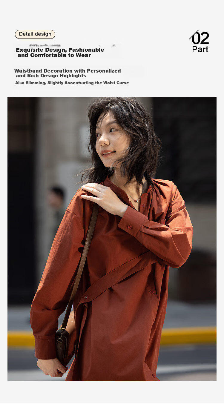 Dme Vintage Shirt Dress with Tie Waist, Niche Design, Loose-Fitting Slimming Dress, Rust Red, S 5