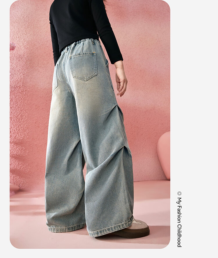 ASK JUNIOR [Brush-Dyed Jeans] Children's Pants, Fall 2026 Vintage Straight-Leg Trousers, Girls' Draping Long Pants, Youth Style 2