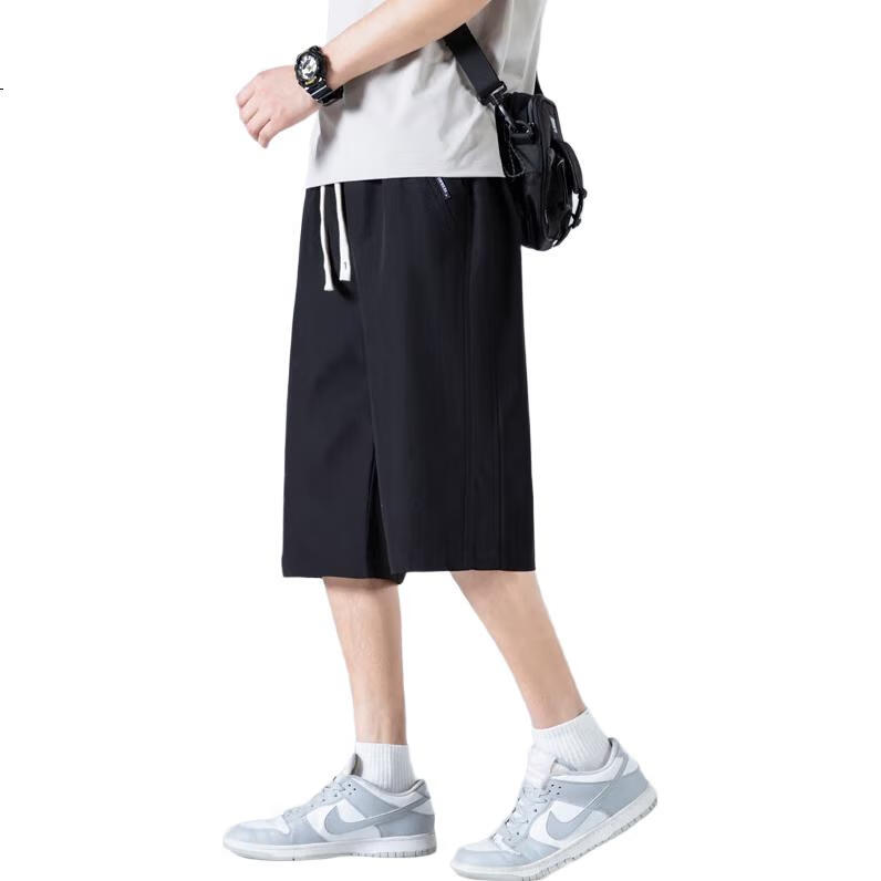 POUM Ice Silk Cool-Feeling Three-Quarter Length Pants for Men, Summer Style, Casual American-Style Athletic Quick-Dry Shorts, 6635 Black, Size L